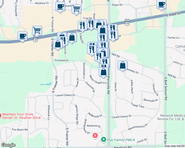 map of restaurants, bars, coffee shops, grocery stores, and more near 949 White Chapel Lane in Rockford