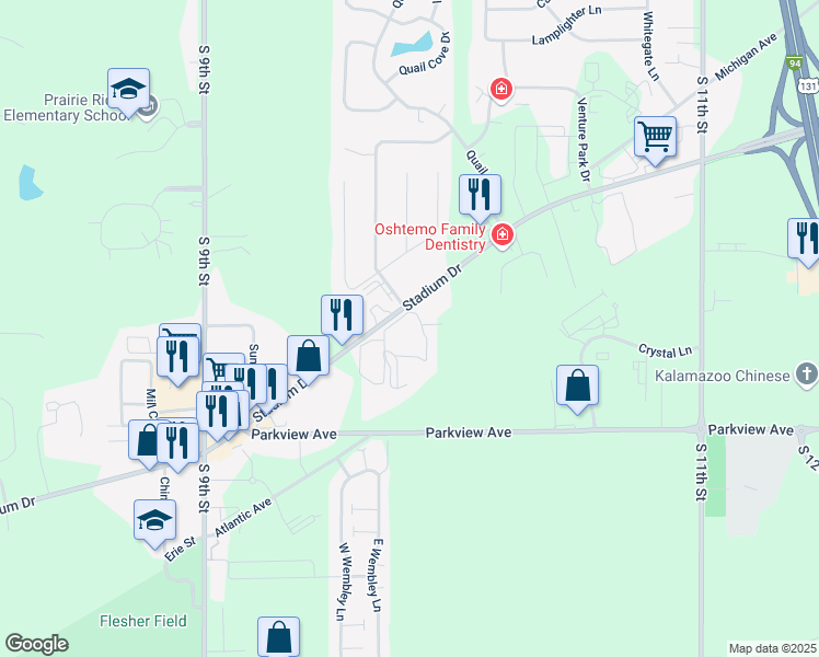 map of restaurants, bars, coffee shops, grocery stores, and more near 2901 Danford Creek Drive in Kalamazoo