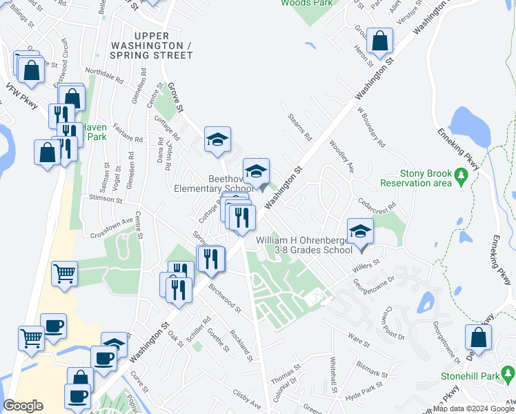 map of restaurants, bars, coffee shops, grocery stores, and more near 5145 Washington Street in Boston