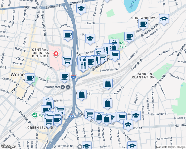map of restaurants, bars, coffee shops, grocery stores, and more near 10 East Worcester Street in Worcester