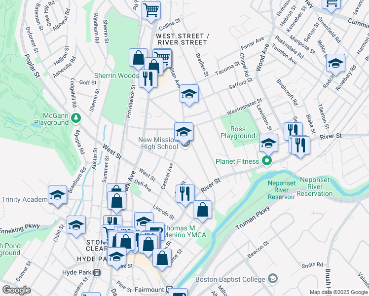 map of restaurants, bars, coffee shops, grocery stores, and more near 655 Metropolitan Avenue in Boston
