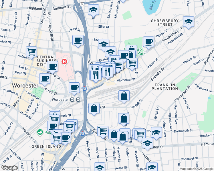 map of restaurants, bars, coffee shops, grocery stores, and more near 10 East Worcester Street in Worcester