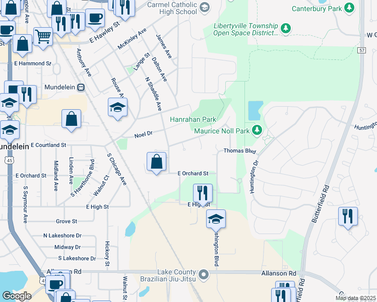 map of restaurants, bars, coffee shops, grocery stores, and more near 51 Gifford Court in Mundelein