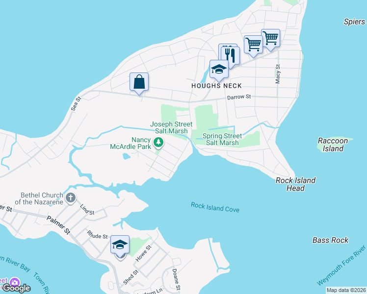map of restaurants, bars, coffee shops, grocery stores, and more near 95 Rockland Street in Quincy
