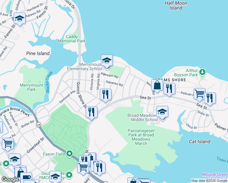 map of restaurants, bars, coffee shops, grocery stores, and more near 93 Narragansett Road in Quincy