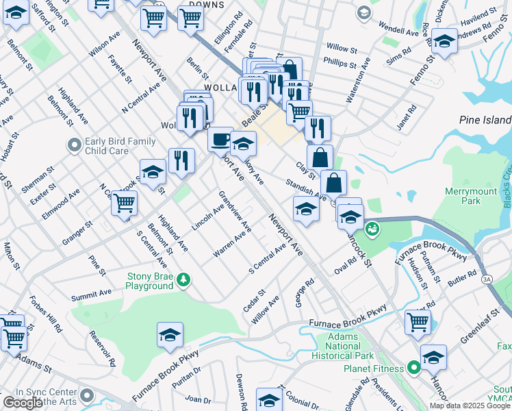 map of restaurants, bars, coffee shops, grocery stores, and more near 100 Grandview Avenue in Quincy