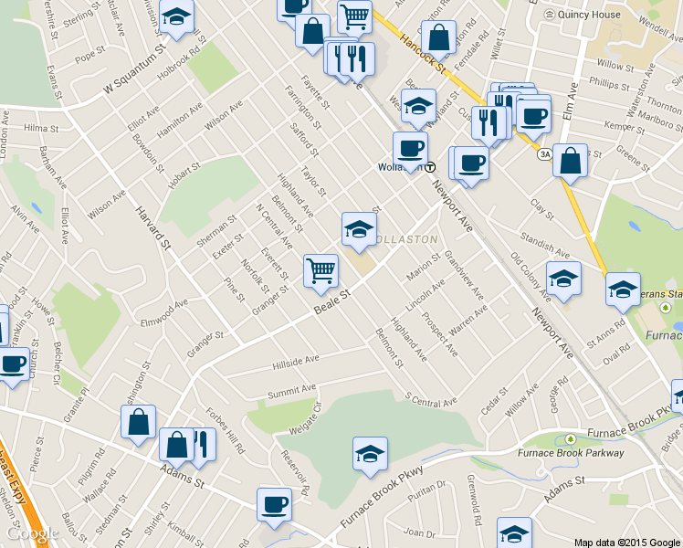 map of restaurants, bars, coffee shops, grocery stores, and more near 269 Belmont Street in Quincy