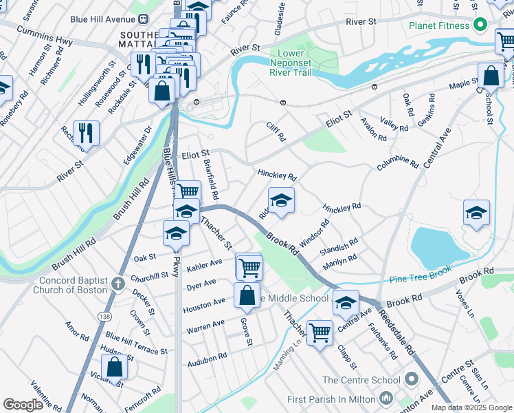 map of restaurants, bars, coffee shops, grocery stores, and more near 20 Ridge Road in Milton