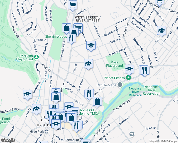 map of restaurants, bars, coffee shops, grocery stores, and more near 655 Metropolitan Avenue in Boston