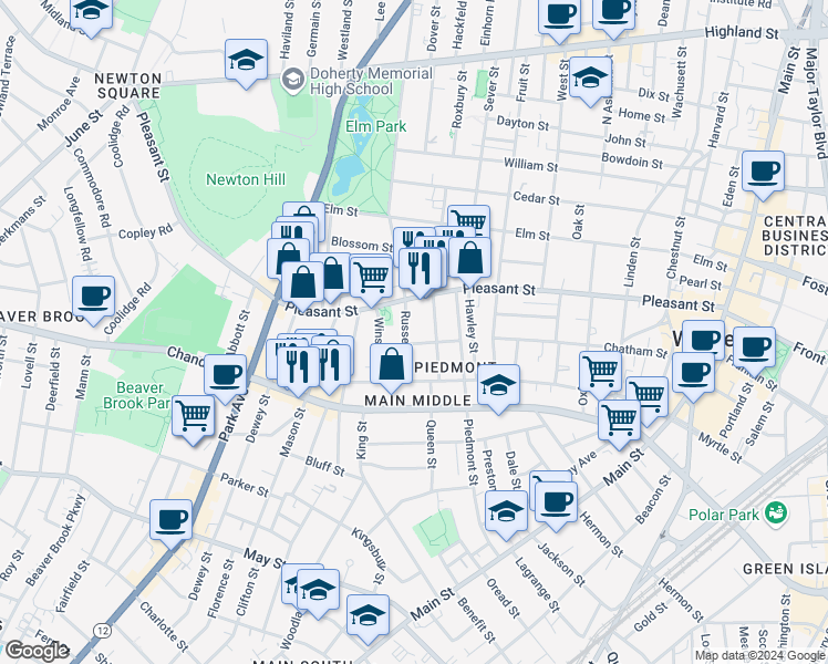 map of restaurants, bars, coffee shops, grocery stores, and more near in Worcester
