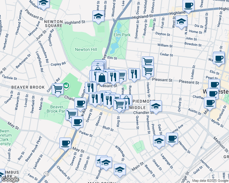 map of restaurants, bars, coffee shops, grocery stores, and more near 24 Bellevue Street in Worcester