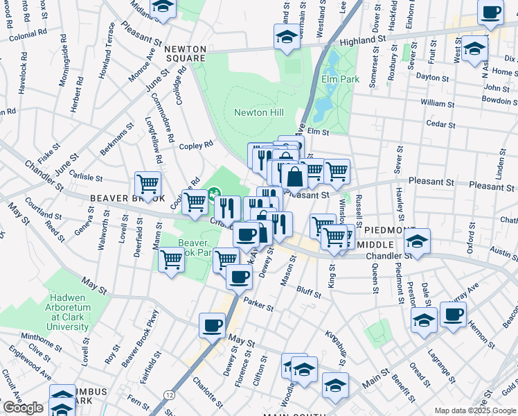 map of restaurants, bars, coffee shops, grocery stores, and more near 40 Abbott Street in Worcester