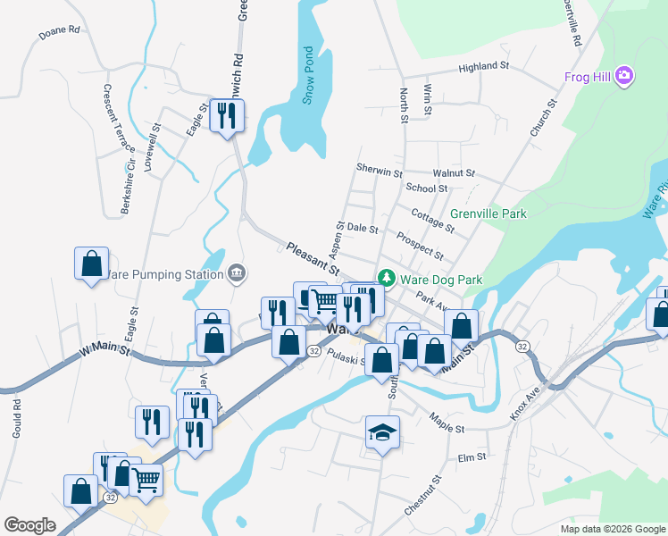 map of restaurants, bars, coffee shops, grocery stores, and more near 87 Pleasant Street in Ware
