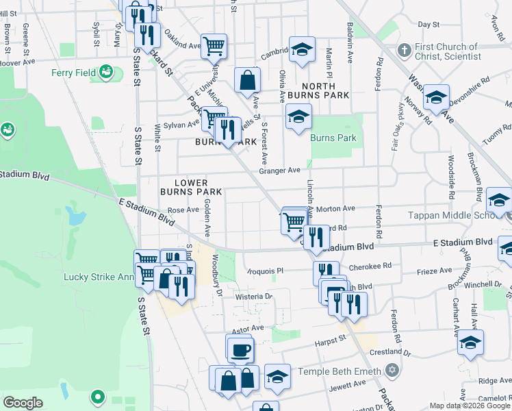 map of restaurants, bars, coffee shops, grocery stores, and more near 1512 Montclair Place in Ann Arbor