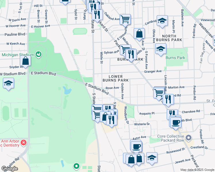 map of restaurants, bars, coffee shops, grocery stores, and more near 801 Rose Avenue in Ann Arbor