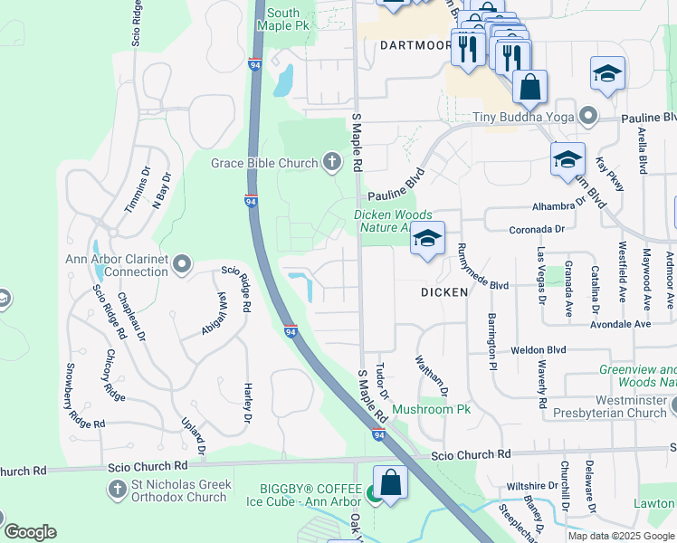 map of restaurants, bars, coffee shops, grocery stores, and more near 1534 Durango Drive in Ann Arbor