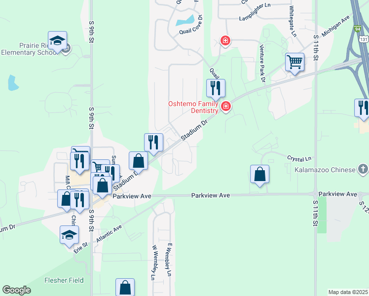 map of restaurants, bars, coffee shops, grocery stores, and more near 2901 Danford Creek Drive in Kalamazoo