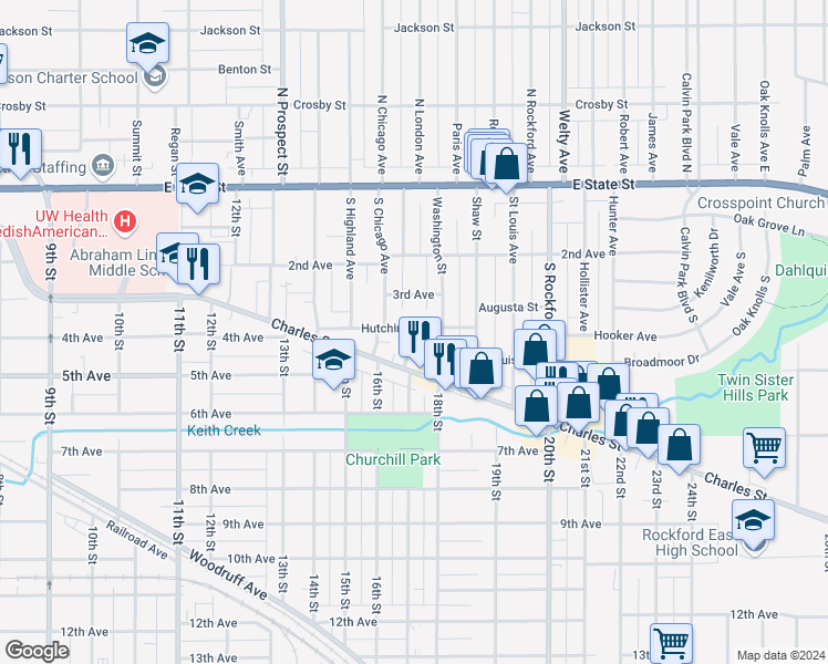map of restaurants, bars, coffee shops, grocery stores, and more near 512 Pearl Street in Rockford