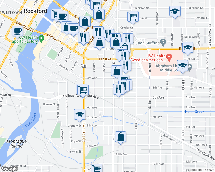 map of restaurants, bars, coffee shops, grocery stores, and more near 504 South 5th Street in Rockford