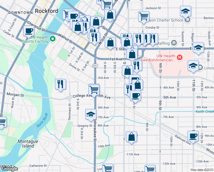 map of restaurants, bars, coffee shops, grocery stores, and more near 508 South 4th Street in Rockford