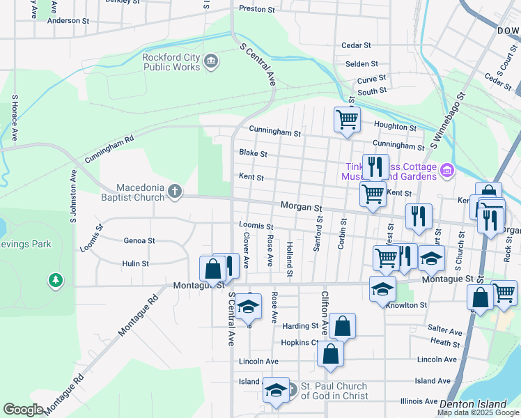map of restaurants, bars, coffee shops, grocery stores, and more near 1229 Loomis Street in Rockford