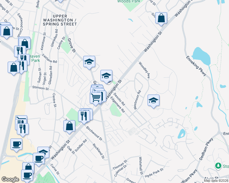 map of restaurants, bars, coffee shops, grocery stores, and more near 5120 Washington Street in West Roxbury