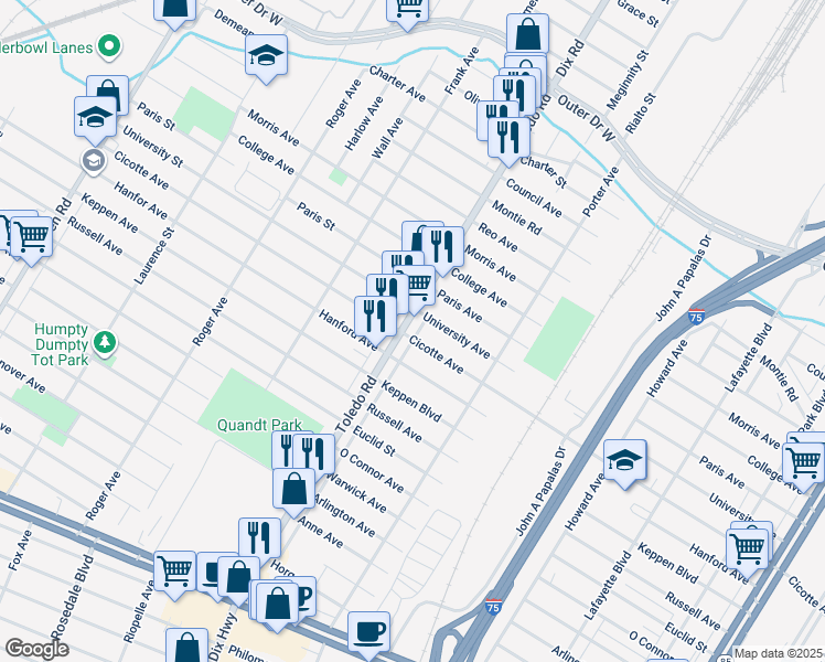 map of restaurants, bars, coffee shops, grocery stores, and more near 1365 Dix Highway in Lincoln Park