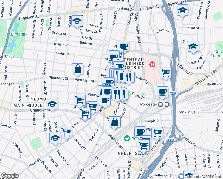 map of restaurants, bars, coffee shops, grocery stores, and more near in Worcester