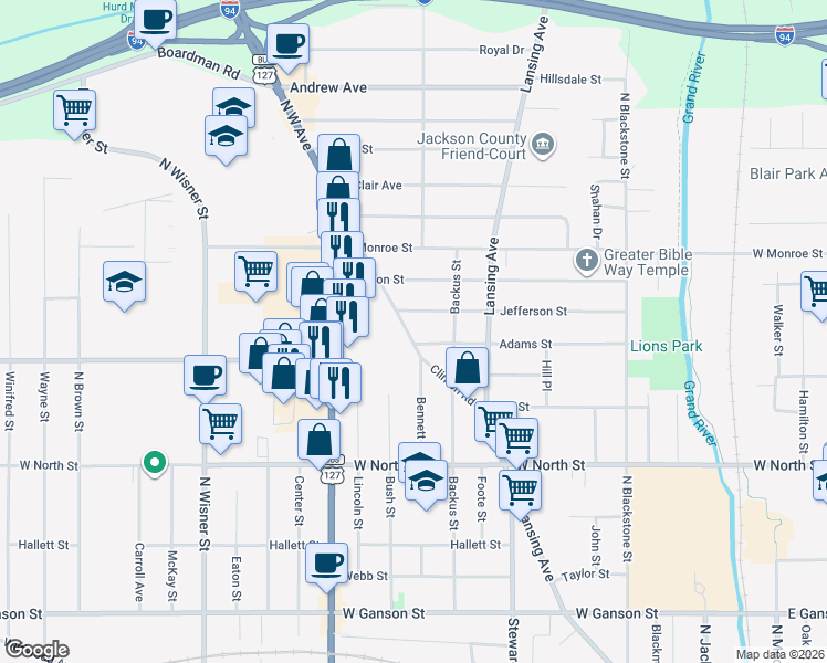map of restaurants, bars, coffee shops, grocery stores, and more near 616 Adams Street in Jackson