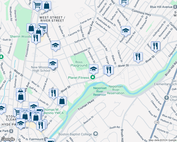 map of restaurants, bars, coffee shops, grocery stores, and more near 17 Reddy Avenue in Boston