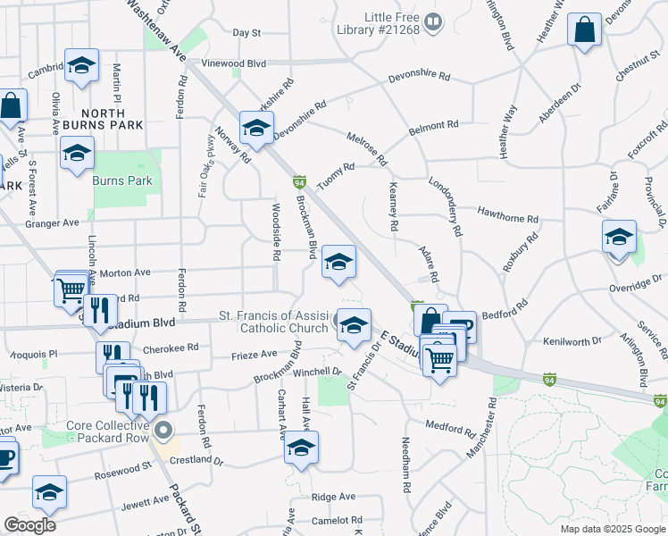 map of restaurants, bars, coffee shops, grocery stores, and more near 48104 Chesterfield Street in Ann Arbor