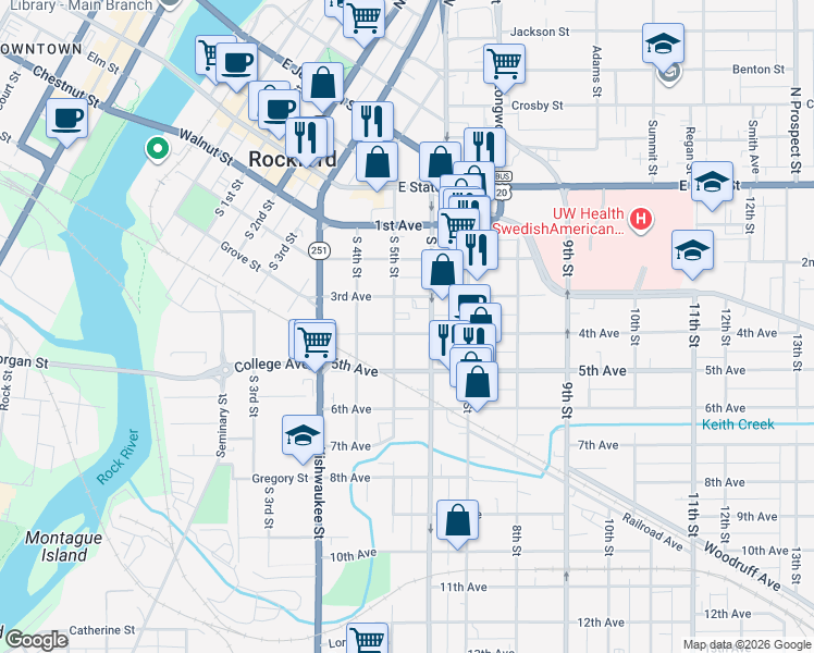 map of restaurants, bars, coffee shops, grocery stores, and more near 504 South 5th Street in Rockford