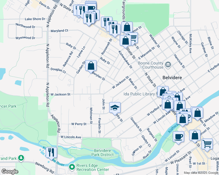 map of restaurants, bars, coffee shops, grocery stores, and more near 425 West Jackson Street in Belvidere