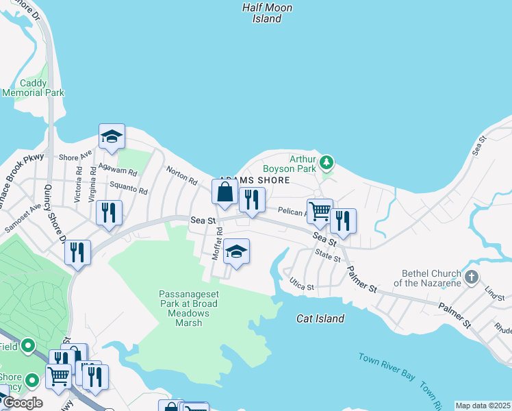 map of restaurants, bars, coffee shops, grocery stores, and more near 4 Curlew Road in Quincy