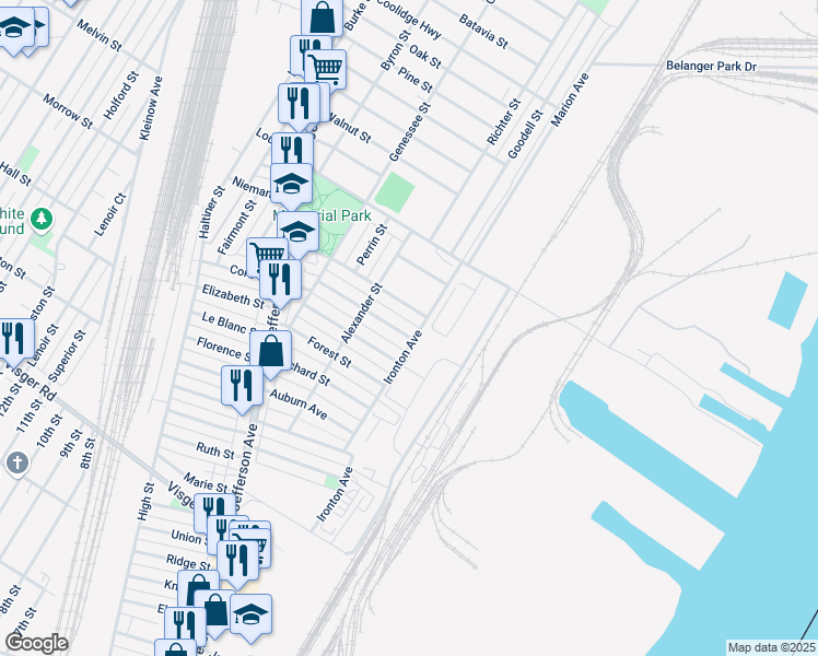 map of restaurants, bars, coffee shops, grocery stores, and more near 95 Stoner Street in River Rouge