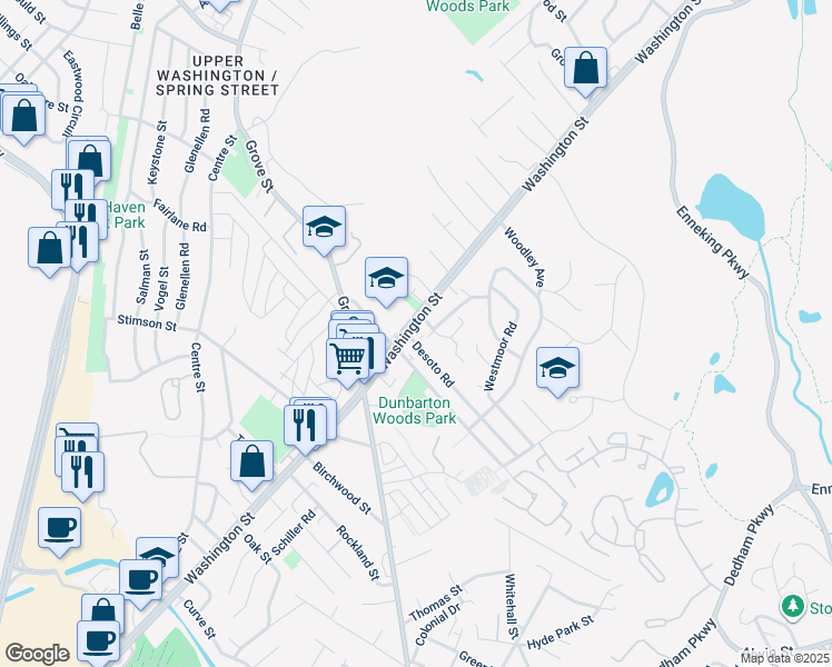 map of restaurants, bars, coffee shops, grocery stores, and more near 5120 Washington Street in Boston