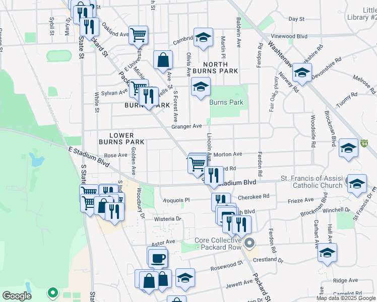 map of restaurants, bars, coffee shops, grocery stores, and more near 1570 Packard Street in Ann Arbor