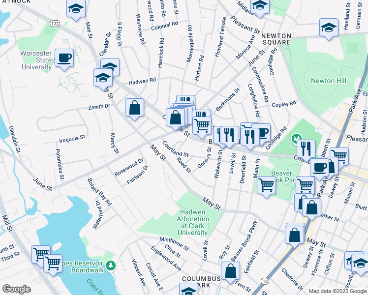 map of restaurants, bars, coffee shops, grocery stores, and more near 21 Courtland Street in Worcester