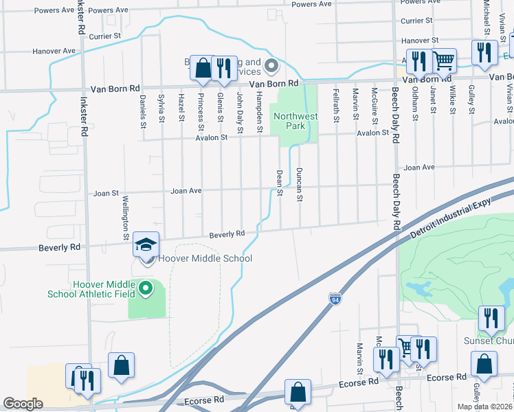 map of restaurants, bars, coffee shops, grocery stores, and more near 6362 Hampden Street in Taylor
