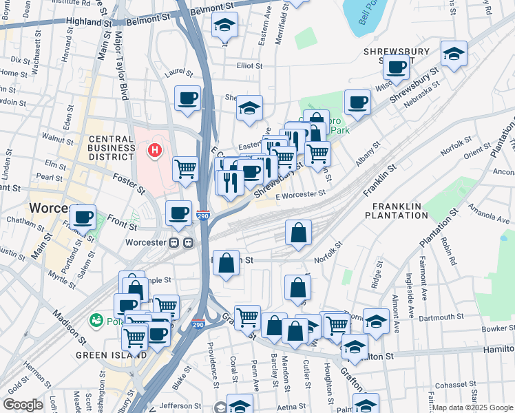 map of restaurants, bars, coffee shops, grocery stores, and more near 10 E Worcester St in Worcester