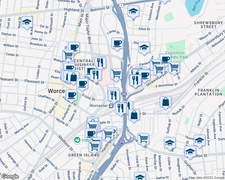 map of restaurants, bars, coffee shops, grocery stores, and more near 222 Summer Street in Worcester