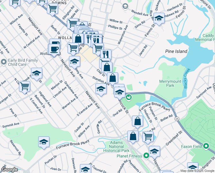 map of restaurants, bars, coffee shops, grocery stores, and more near 44 Newton Avenue in Quincy