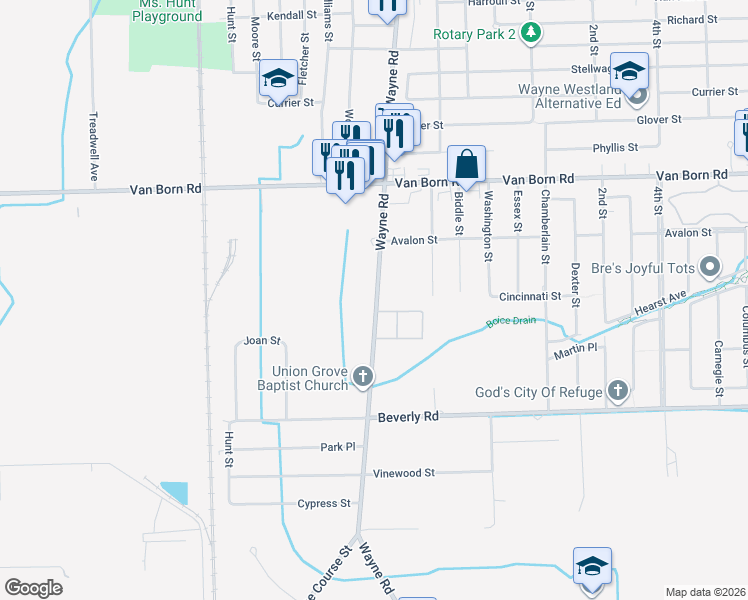 map of restaurants, bars, coffee shops, grocery stores, and more near 35519 North Alexander Street in Romulus