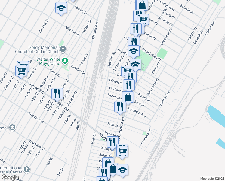 map of restaurants, bars, coffee shops, grocery stores, and more near 30 Florence Street in River Rouge