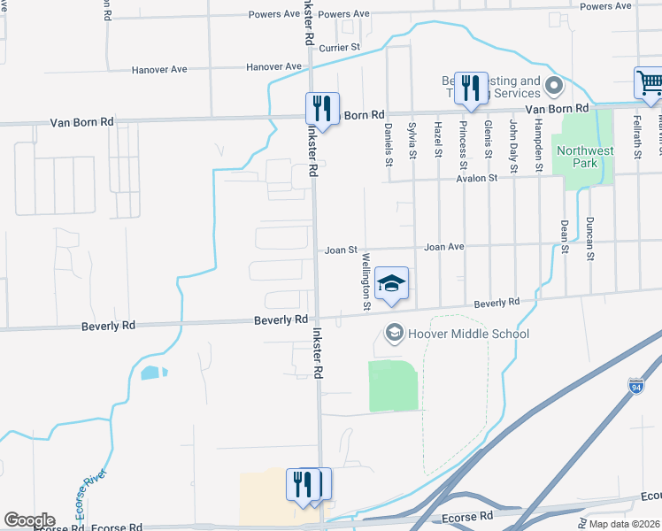 map of restaurants, bars, coffee shops, grocery stores, and more near 6273 Inkster Road in Taylor