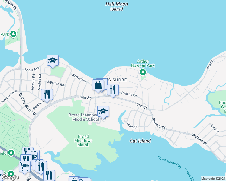 map of restaurants, bars, coffee shops, grocery stores, and more near 4 Curlew Road in Quincy