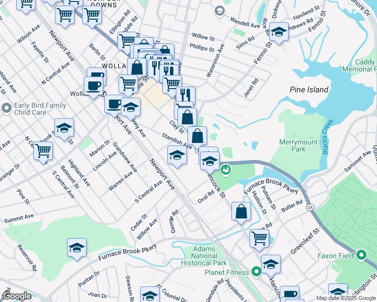 map of restaurants, bars, coffee shops, grocery stores, and more near 44 Newton Avenue in Quincy