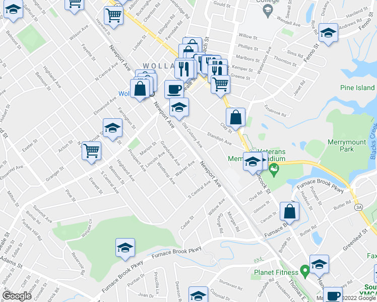 map of restaurants, bars, coffee shops, grocery stores, and more near 100 Grandview Avenue in Quincy