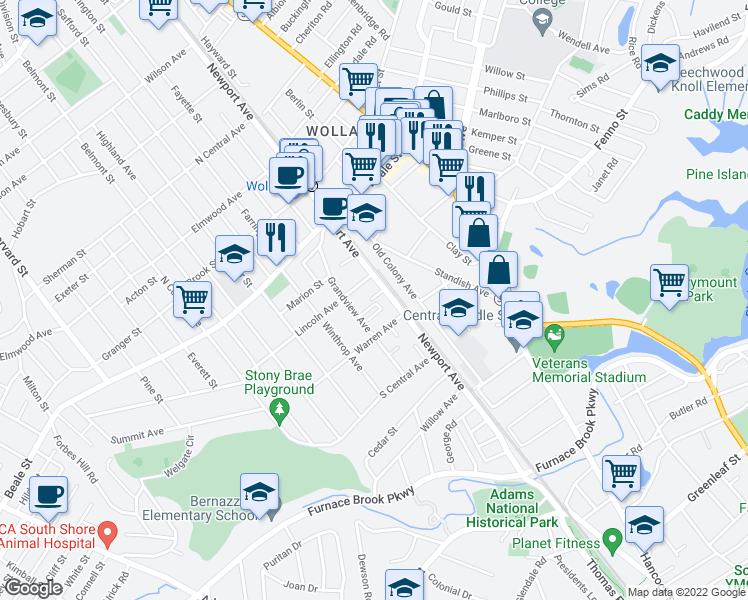 map of restaurants, bars, coffee shops, grocery stores, and more near 100 Grandview Avenue in Quincy