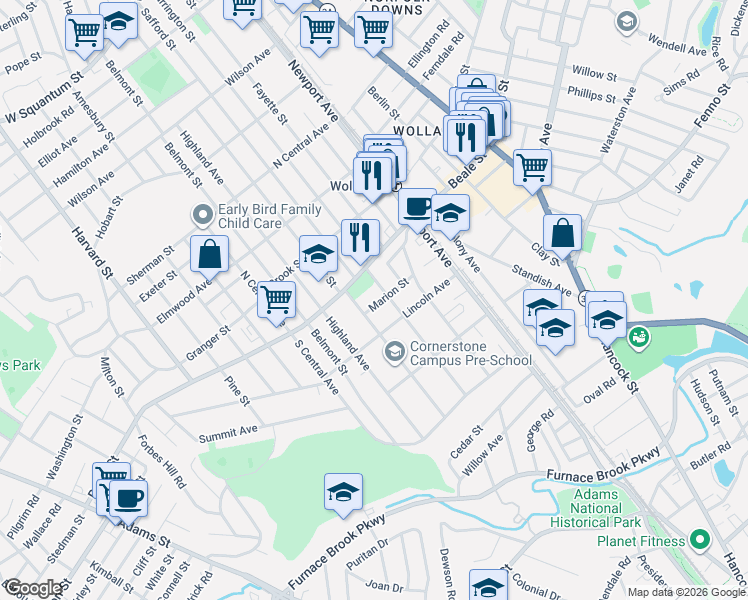 map of restaurants, bars, coffee shops, grocery stores, and more near 23 Prospect Avenue in Quincy